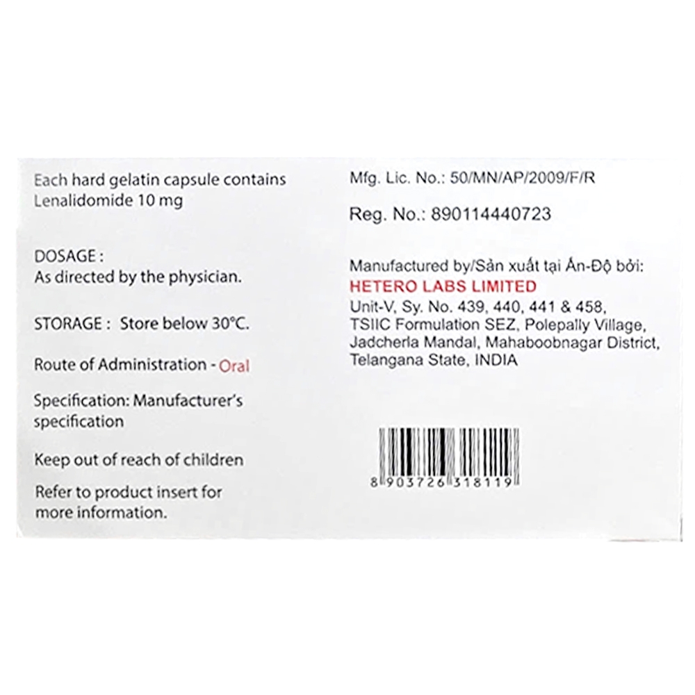 Hình ảnh Thuốc Lenalidomide Capsules 10mg Hetero điều trị ung thư (3 vỉ x 10 viên)