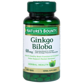 Viên uống hỗ trợ tăng cường tuần hoàn não Ginkgo Biloba 60mg Nature's Bounty (60 viên)