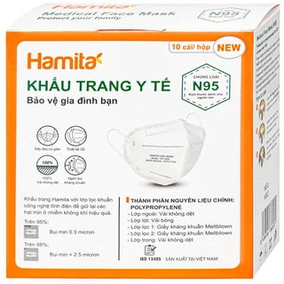 Khẩu trang Hamita N95 màu trắng (10 cái) ngăn khói bụi, vi khuẩn và giọt bắn