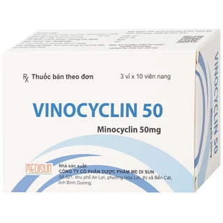 Thuốc Vinocyclin 50 Medisun điều trị mụn trứng cá, nhiễm trùng đường hô hấp (3 vỉ x 10 viên)
