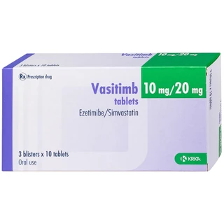 Thuốc Vasitimb 10mg/20mg tablets Krka giúp phòng bệnh tim, điều trị tăng cholesterol máu, máu đồng hợp tử gia đình (3 vỉ x 10 viên)