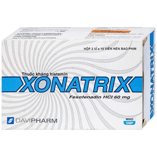 Thuốc Xonatrix 60mg DaviPharm điều trị triệu chứng viêm mũi dị ứng theo mùa (3 vỉ x 10 viên)