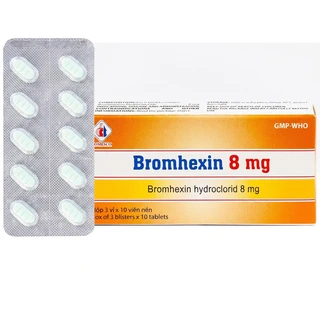 Thuốc Bromhexin 8mg Domesco điều trị rối loạn tiết dịch phế quản trong viêm phế quản cấp tính (3 vỉ x 10 viên)