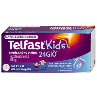 Thuốc Telfast Kids 30mg Sanofi điều trị viêm mũi dị ứng, mày đay cho trẻ em (1 vỉ x 10 viên)