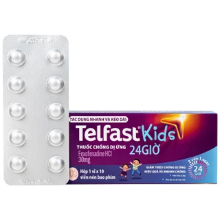 Thuốc Telfast Kids 30mg Sanofi điều trị viêm mũi dị ứng, mày đay cho trẻ em (1 vỉ x 10 viên)