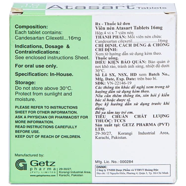 Atasart tablets 16mg: Thuốc điều trị tăng huyết áp