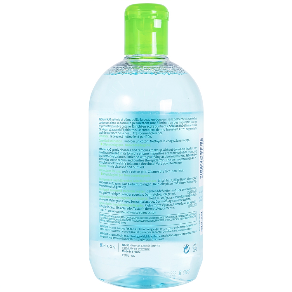 Hình ảnh Dung dịch Bioderma Sebium H2O dạng hạt mixen (micelle) dùng tẩy trang dành cho da hỗn hợp, da dầu (500ml)