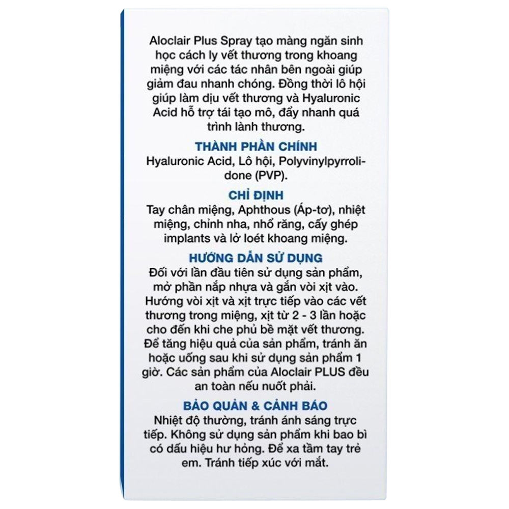 Hình ảnh Chai xịt Aloclair Plus Spray giảm đau nhanh bệnh tay chân miệng, nhiệt miệng, chỉnh nha, nhổ răng (15ml)