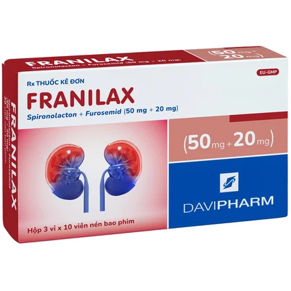 Thuốc Franilax 50mg/20mg Davipharm ngăn chặn sự tích tụ nước trong cơ thể (3 vỉ x 10 viên)