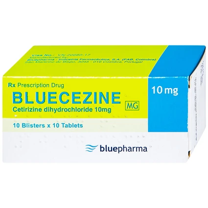 Thuốc Bluecezine 10mg Bluepharma điều trị dị ứng, viêm mũi dị ứng (10 vỉ x 10 viên)