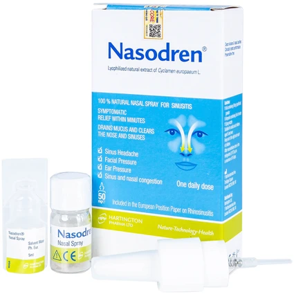 Xịt mũi xoang Nasodren Hartington 50mg giúp làm sạch mũi xoang, giảm triệu chứng viêm xoang cấp và mãn tính
