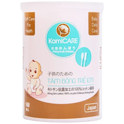 Tăm bông KamiCare dành cho trẻ em 1 đầu xoắn 1 đầu thường vệ sinh tai, mũi (160 chiếc)