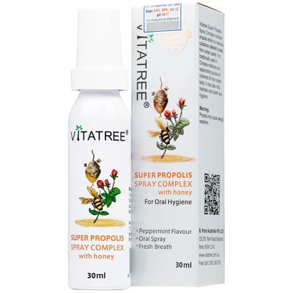 Chai xịt họng hỗ trợ giảm đau rát cổ do viêm họng Vitatree Super Propolis Spray Complex With Honey (30ml)