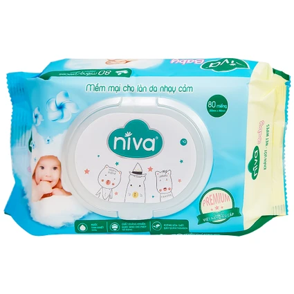 Khăn giấy ướt Niva Baby làm sạch, kháng khuẩn và giữ vệ sinh (80 miếng)