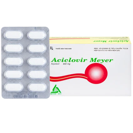 Thuốc Aciclovir 800mg Meyer điều trị nhiễm Herpes zoster, thủy đậu (3 vỉ x 10 viên)