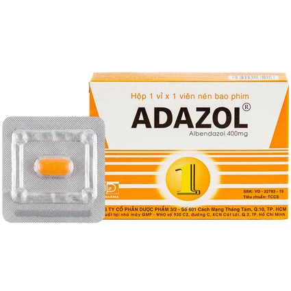 Thuốc Adazol 400mg Dược 3-2 điều trị nhiễm ký sinh trùng đường ruột (1 vỉ x 1 viên)