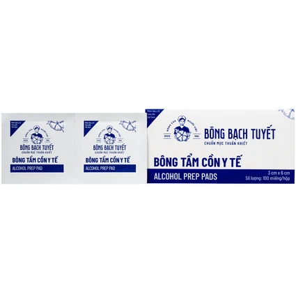 Bông tẩm cồn Bông Bạch Tuyết 3x6cm - Làm sạch và khử trùng da trước khi tiêm (100 miếng)