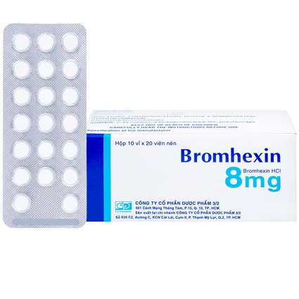 Thuốc Bromhexin 8mg Dược 3-2 tan đàm trong viêm khí phế quản, viêm phế quản mạn tính (10 vỉ x 20 viên)