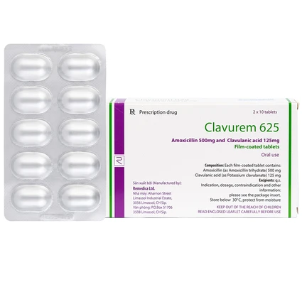 Thuốc Clavurem 625 Remedica điều trị nhiễm khuẩn (2 vỉ x 10 viên)