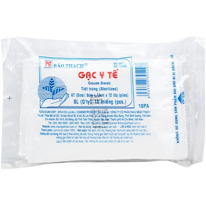 Gạc tiệt trùng Bảo Thạch lớn 8x10cm x 12 lớp (10 miếng) sơ cứu vết thương, thấm máu và dịch tiết