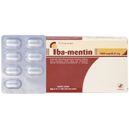 Thuốc Iba-Mentin 1000mg/62.5mg Pharbaco điều trị viêm Amidan, viêm xoang, viêm phế quản (2 vỉ x 7 viên)