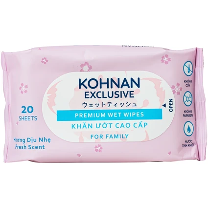 Khăn giấy ướt Kohnan hương dịu nhẹ, không cồn, không parapen (gói 20 tờ)