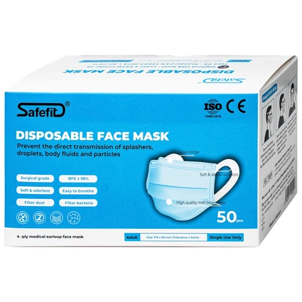 Khẩu trang 4 lớp Safefit màu xanh (50 cái) ngăn khói bụi, vi khuẩn