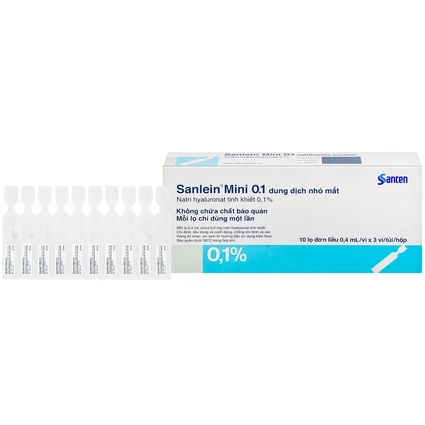 Thuốc nhỏ mắt Sanlein Mini 0.1% Santen hỗ trợ điều trị rối loạn biểu mô kết giác mạc (3 vỉ x 10 lọ x 0.4ml)