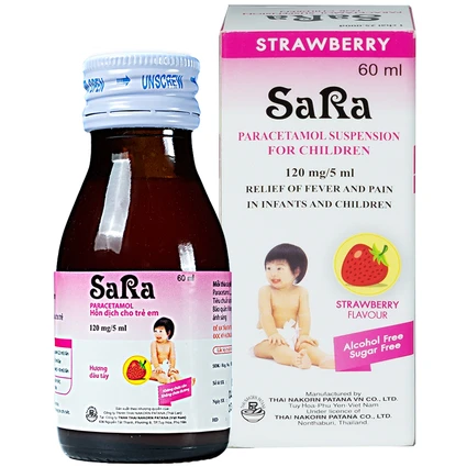 Thuốc Sara 120mg/5ml Thai Nakorn Patana hương dâu tây hạ sốt, giảm đau cho trẻ (60ml)