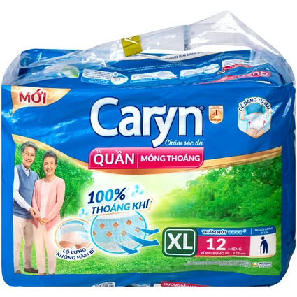 Tã quần Caryn mỏng thoáng cho người lớn size XL - Gói 12 miếng (vòng bụng 90 - 125 cm)