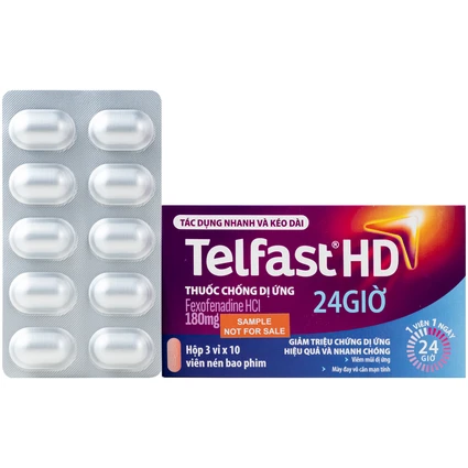Thuốc chống dị ứng Telfast HD 180mg Sanofi giảm triệu chứng viêm mũi dị ứng, mày đay vô căn mạn tính (3 vỉ x 10 viên)