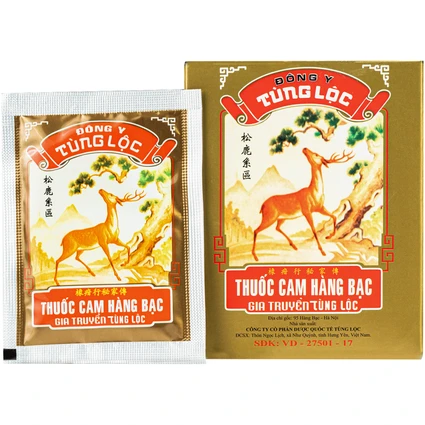 Thuốc Cam hàng bạc Tùng lộc chỉ định chứng đầy bụng, không muốn ăn, ra mồ hôi trộm, suy dinh dưỡng. Trẻ em chậm lớn (10 gói x 8g)