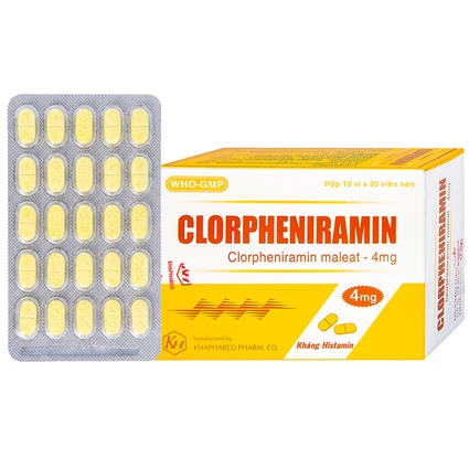 Thuốc Clorpheniramin 4mg Khapharco điều trị triệu chứng viêm mũi dị ứng theo mùa, quanh năm và mày đay (10 vỉ x 20 viên)