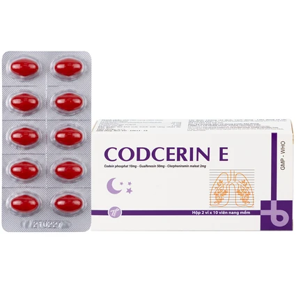 Thuốc Codcerin E Trường Thọ điều trị viêm phế quản, viêm họng, viêm phổi, ho do kích ứng (2 vỉ x 10 viên)