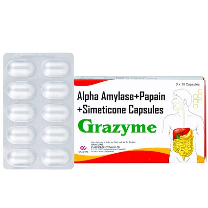 Thuốc Grazyme Gracure điều trị khó tiêu, tức bụng, đầy hơi (3 vỉ x 10 viên)