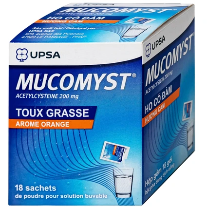 Thuốc Mucomyst 200mg UPSA điều trị ho có đờm, giúp long đờm và tiêu nhầy (18 gói)