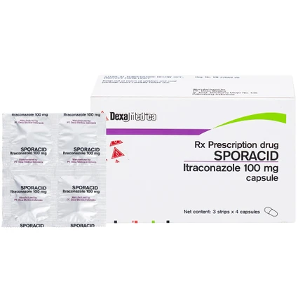 Thuốc Sporacid Itraconazole 100mg Dexa điều trị nấm candida âm hộ, âm đạo (3 vỉ x 4 viên)