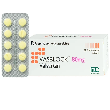 Thuốc Vasblock 80mg Medochemie điều trị tăng huyết áp, suy tim (3 vỉ x 10 viên)