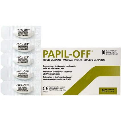 Viên đặt phụ khoa Papil-Off phòng ngừa và hỗ trợ điều trị tổn thương do virus HPV (2 vỉ x 5 viên)