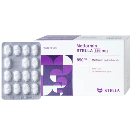Viên nén Metformin Stella 850mg điều trị bệnh đái tháo đường (4 vỉ x 15 viên)