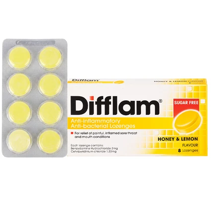 Viên ngậm kháng viêm Difflam vị chanh Unique Pharma hỗ trợ điều trị viêm amidan, đau họng (1 vỉ x 8 viên)