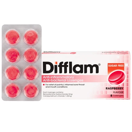 Viên ngậm kháng viêm Difflam vị quả mâm xôi Unique Pharma hỗ trợ điều trị viêm amidan, đau họng (1 vỉ x 8 viên)