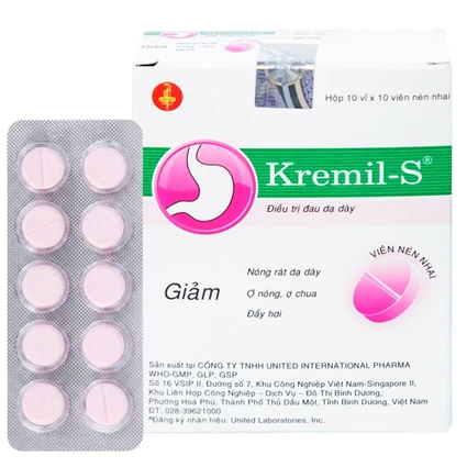 Viên nhai Kremil-S United điều trị đau dạ dày, giảm nóng rát dạ dày, ợ nóng, ợ chua (10 vỉ x 10 viên)