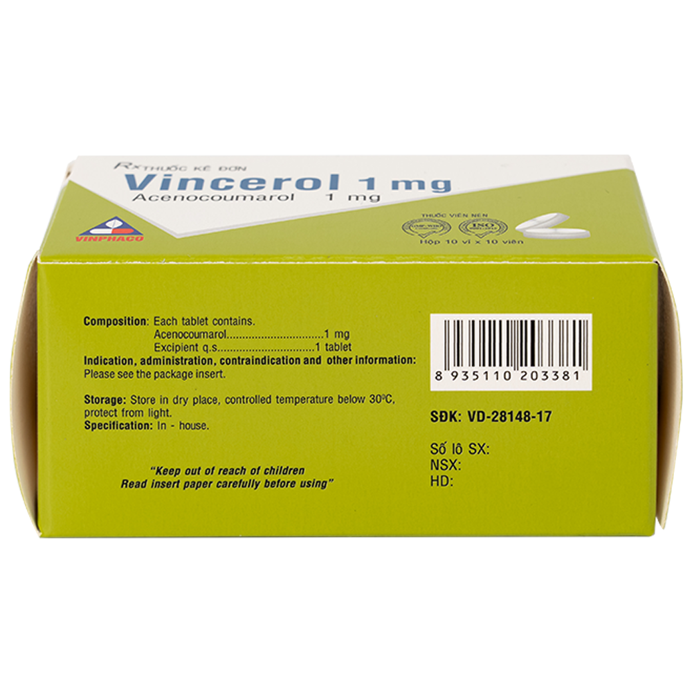 Hình ảnh Thuốc Vincerol 1mg Vinphaco dùng trong bệnh tim gây tắc mạch, nhồi máu cơ tim (10 vỉ x 10 viên)