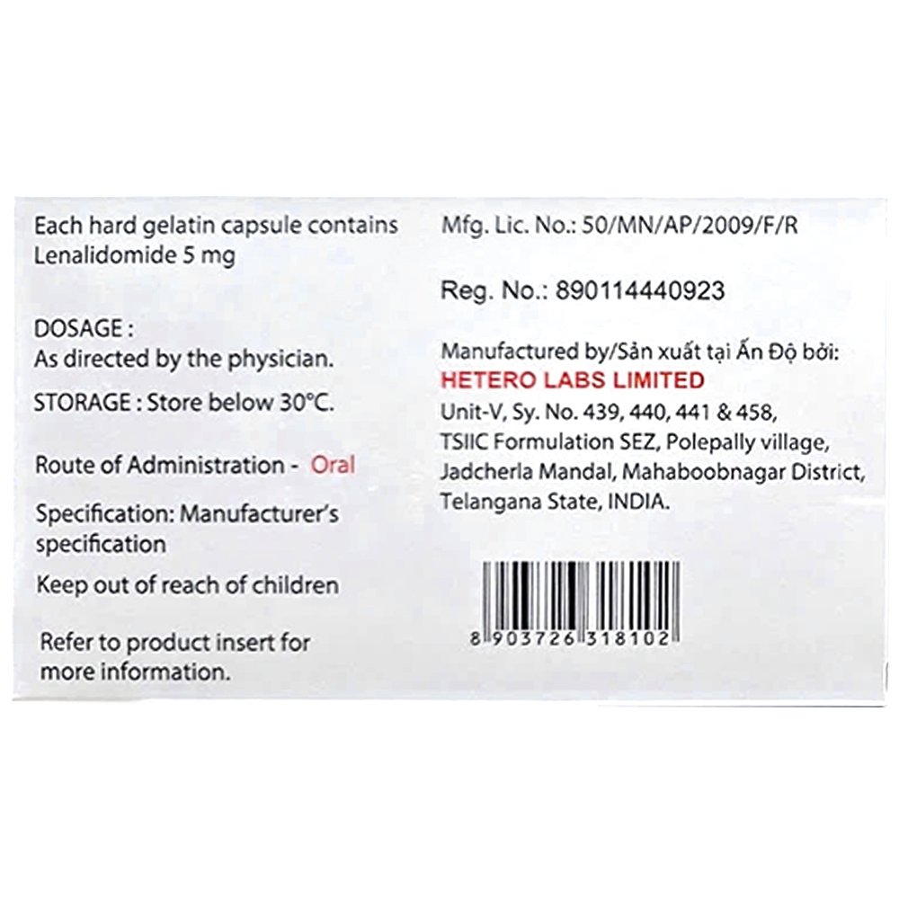 Hình ảnh Thuốc Lenalidomide Capsules 5mg Hetero điều trị ung thư  (3 vỉ x 10 viên)