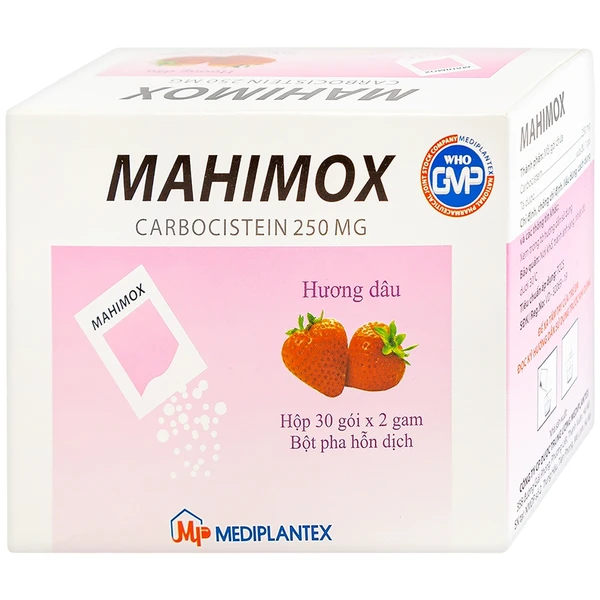 Bột pha hỗn dịch Mahimox 250mg hương dâu điều trị hỗ trợ các rối loạn đường hô hấp (30 gói x 2g)