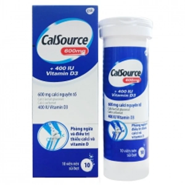 Viên sủi Calsource 600mg+ 400IU Vitamin D3 GSK phòng ngừa và điều trị thiếu canxi, vitamin D (10 viên)