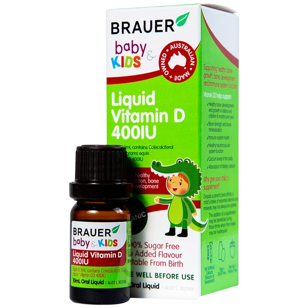 Siro bổ sung vitamin D3 tăng cường hấp thụ canxi Brauer Baby & Kids Liquid Vitamin D 400IU (10ml)