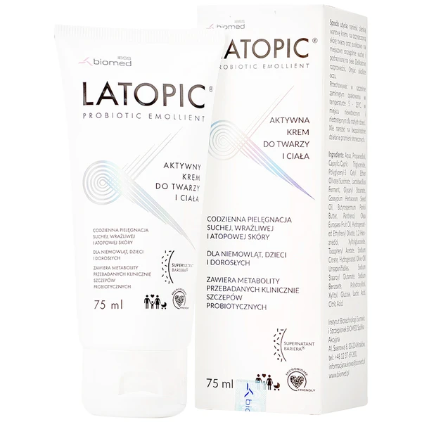 Kem bôi dưỡng ẩm, dịu da Latopic Probiotic Emollient Active Face And Body cream 75ml