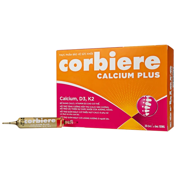 Thực phẩm bảo vệ sức khỏe Corbiere Calcium Plus Sanofi giúp bổ sung calci, vitamin D3 (3 vỉ x 10 ống)